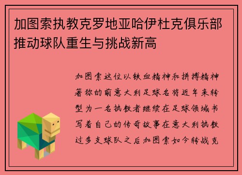 加图索执教克罗地亚哈伊杜克俱乐部推动球队重生与挑战新高 加图索执教克罗地亚哈伊杜克俱乐部推动球队重生与挑战新高
