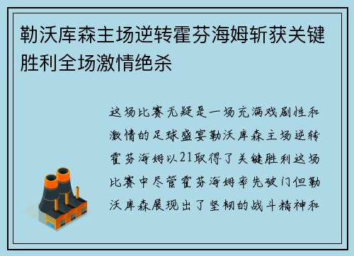 勒沃库森主场逆转霍芬海姆斩获关键胜利全场激情绝杀