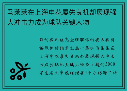 马莱莱在上海申花屡失良机却展现强大冲击力成为球队关键人物